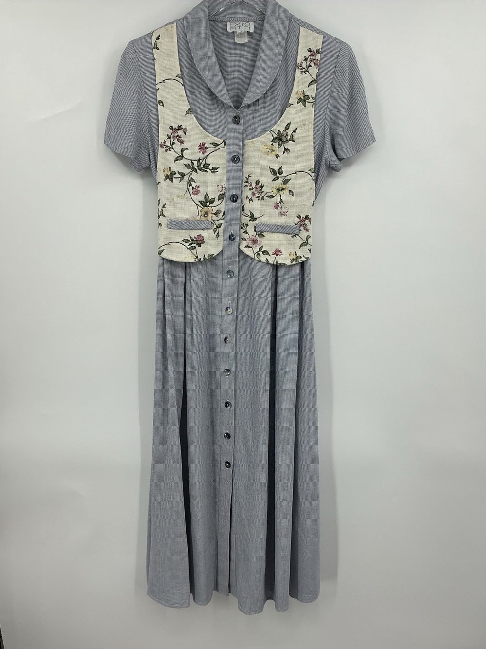 Vintage Expo Petite Blue White Check Dress with Floral Vest